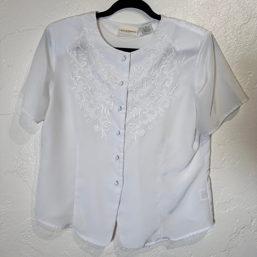 Jaclyn Smith White Blouse 12 Embroidered Button Down Professional Minimalist